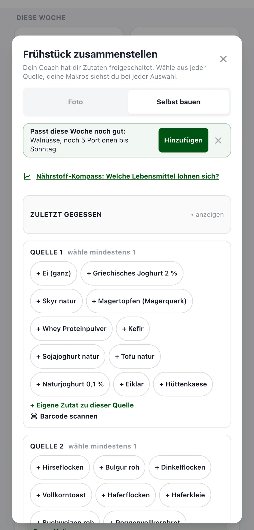 Baukasten in der App mit Zutaten zum Antippen