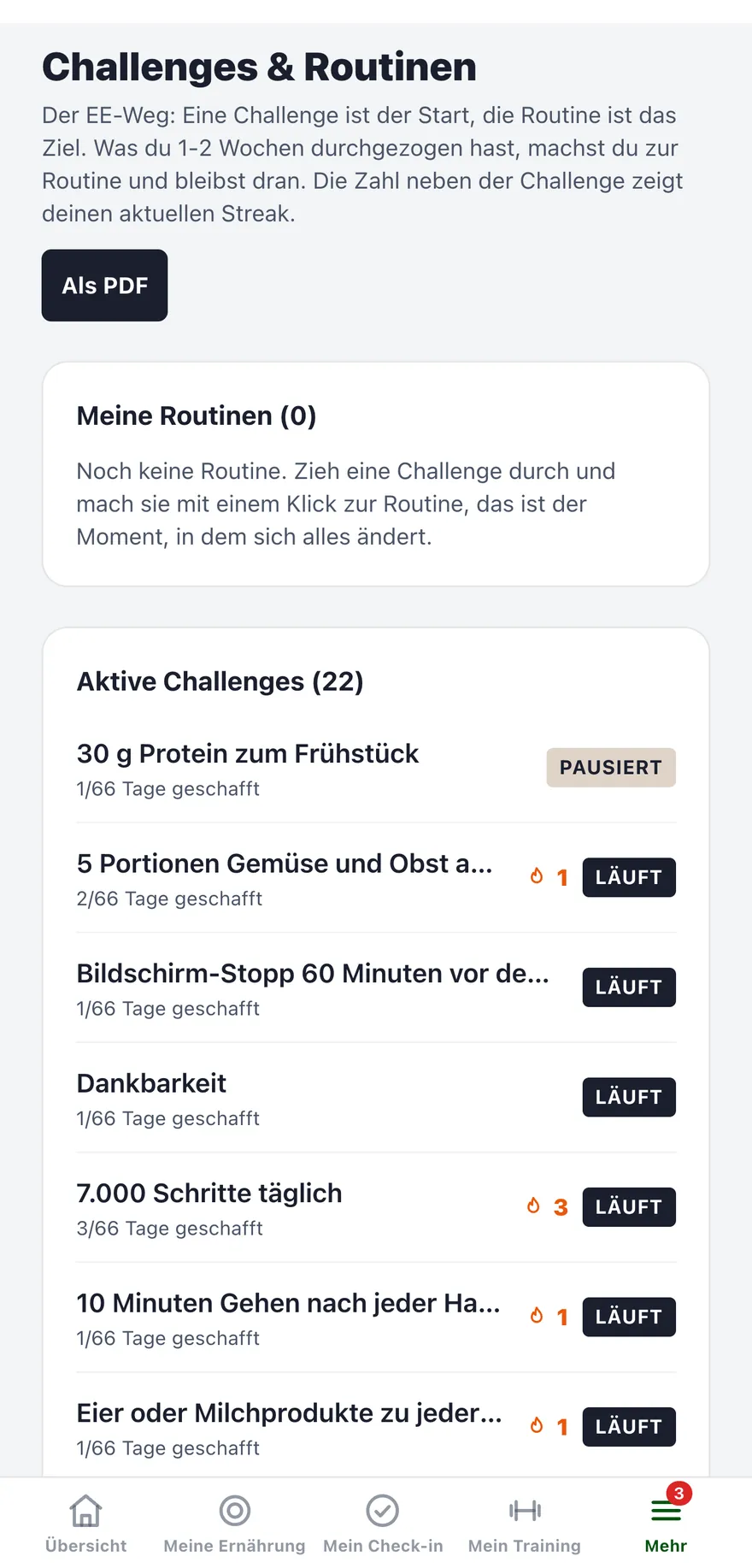 Challenges in der App mit Abhak-Kreisen