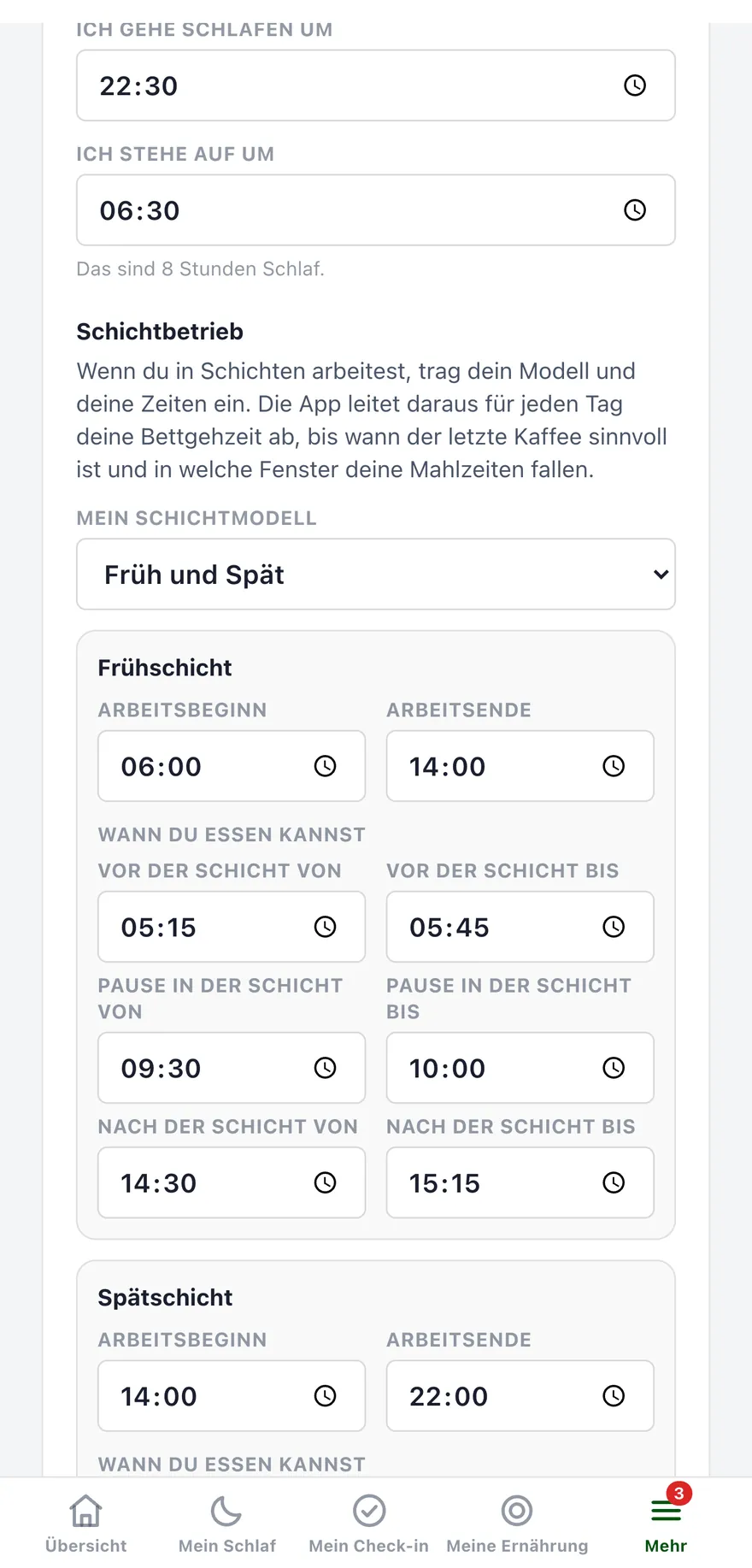 Schichtbetrieb in der App: Modell Früh und Spät, Frühschicht von 06:00 bis 14:00 mit drei Essensfenstern