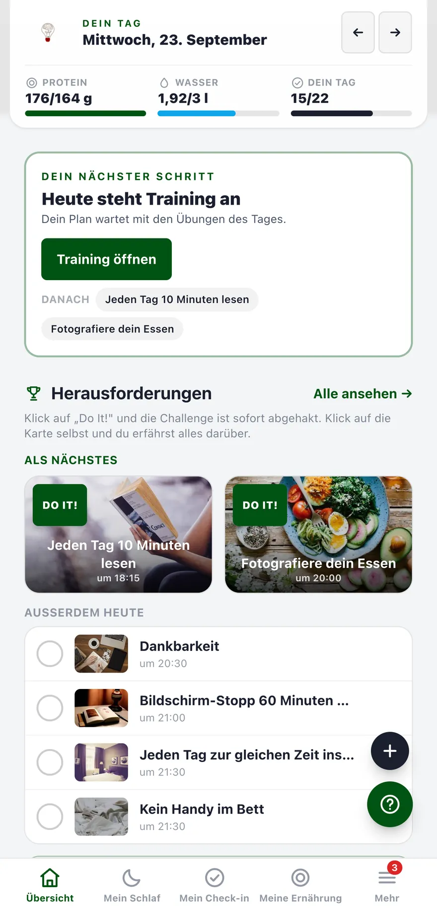 Tagesübersicht in der App mit Mahlzeiten und Werten