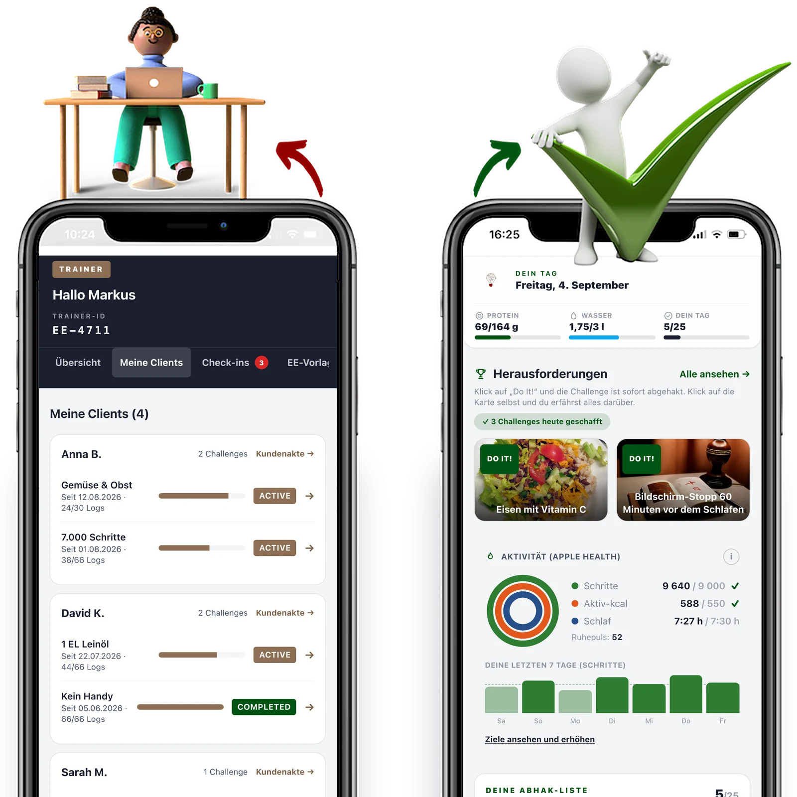 Coach-Verwaltung und Kunden-App der Erfolgsernährung nebeneinander
