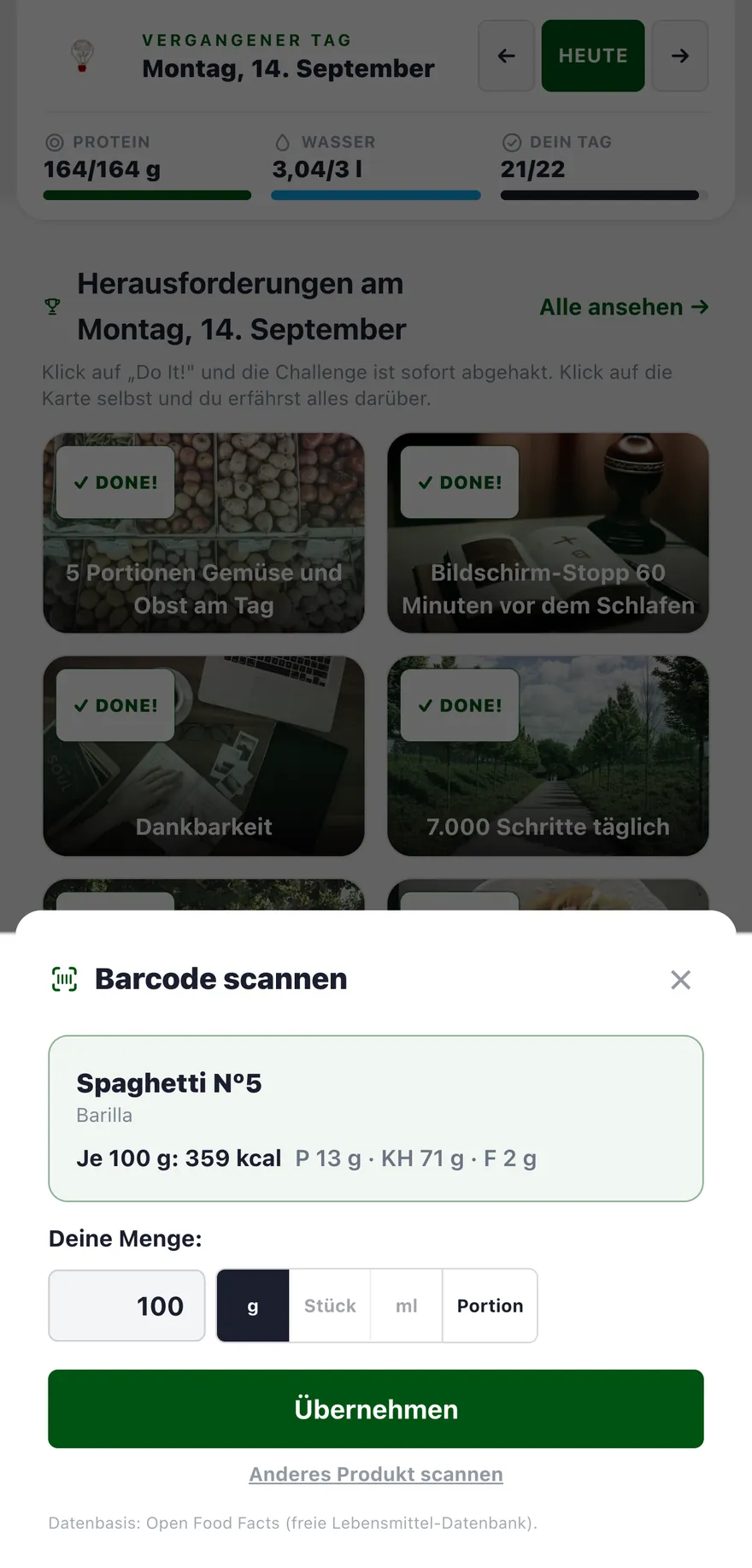 Strichcode gescannt: Produkt mit Nährwerten je 100 g und der Menge zum Übernehmen