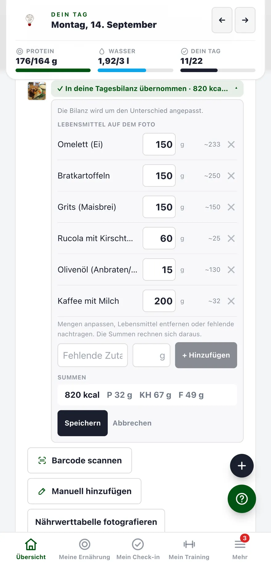 Ein Essensfoto, das die App geschätzt hat, mit den einzelnen Lebensmitteln zum Nachbessern
