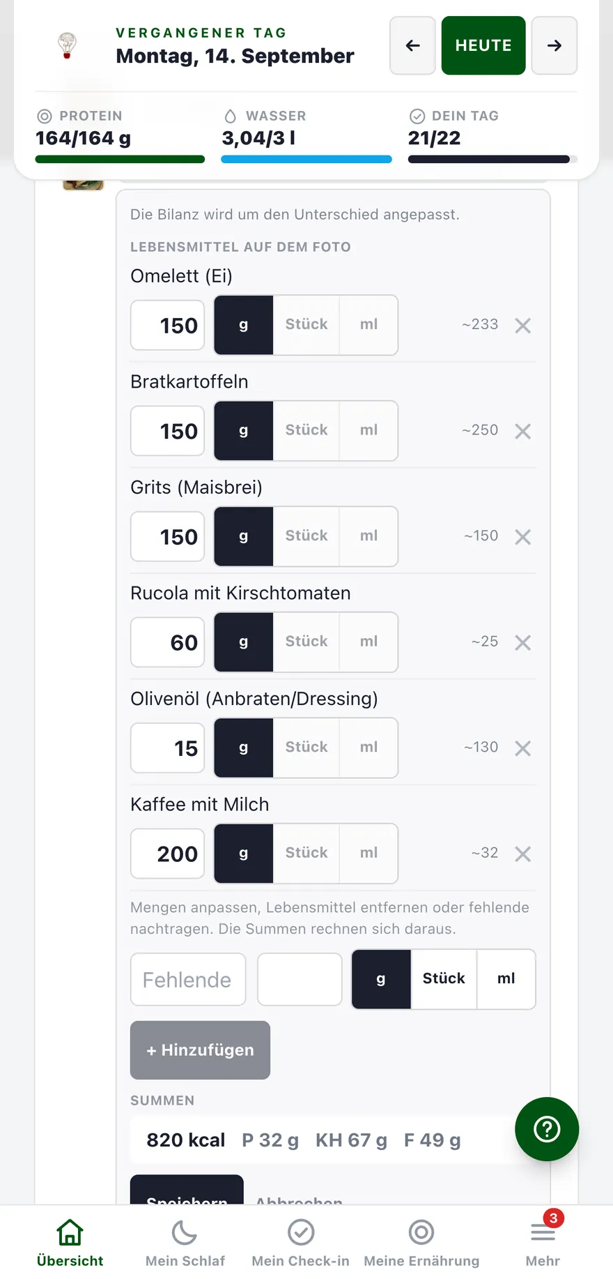 Ein Essensfoto, das die App geschätzt hat, mit den einzelnen Lebensmitteln zum Nachbessern