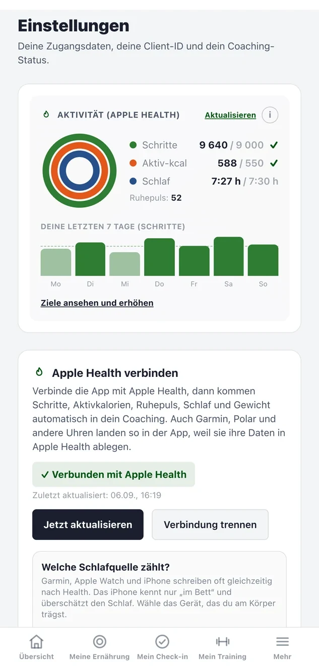 Aktivitätsringe mit Schritten, Aktivkalorien und Schlaf aus Apple Health