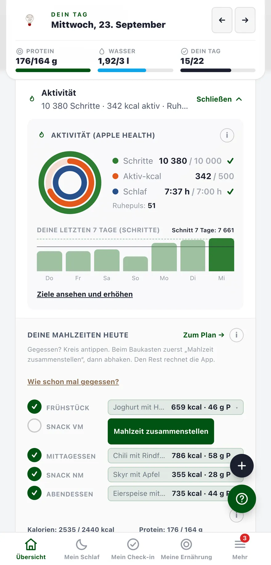 Aktivitätsringe mit Schritten, Aktivkalorien und Schlaf aus Apple Health