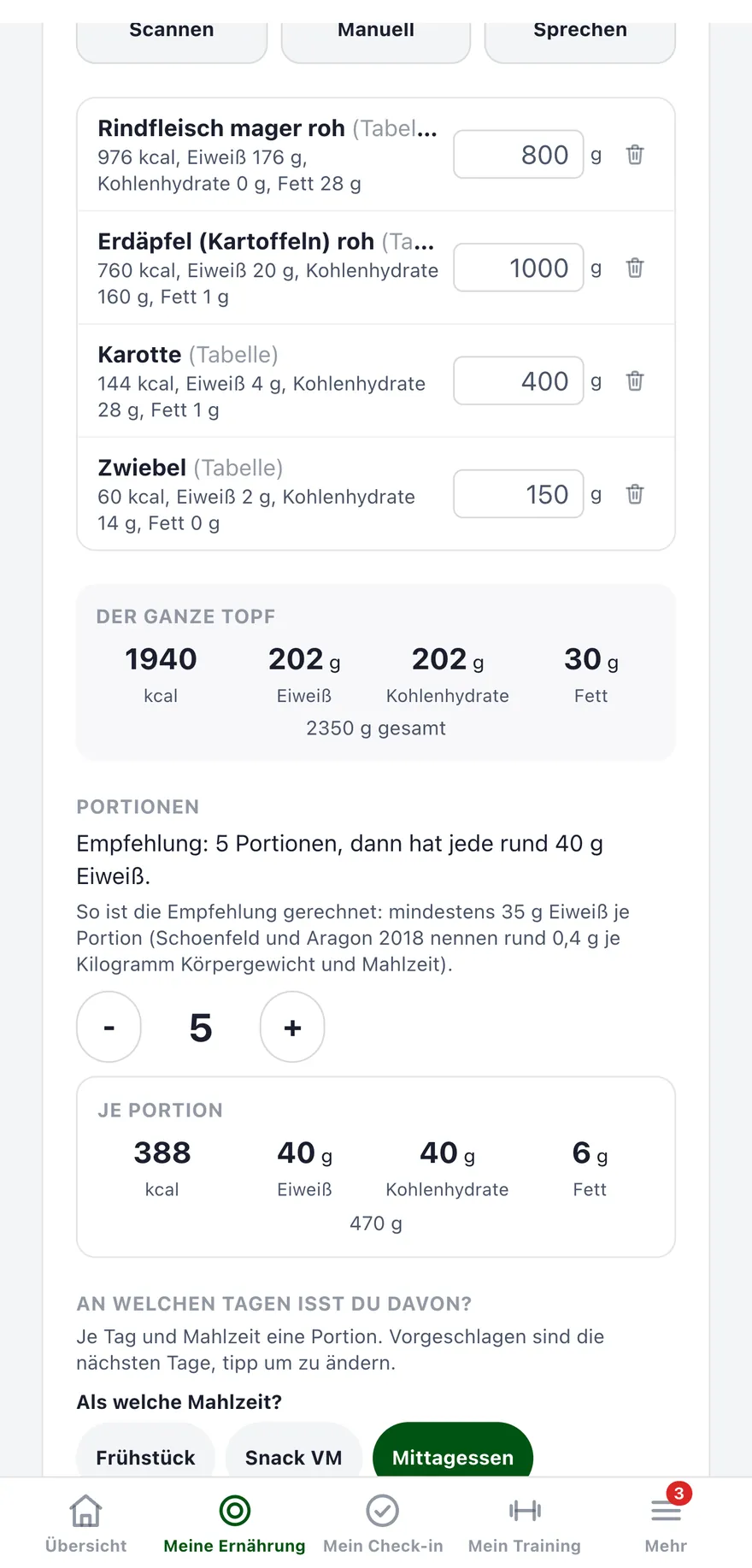 Meal Prep in der App: Rindfleisch, Erdäpfel, Karotten und Zwiebel, der ganze Topf mit Makros und die Empfehlung für die Portionen