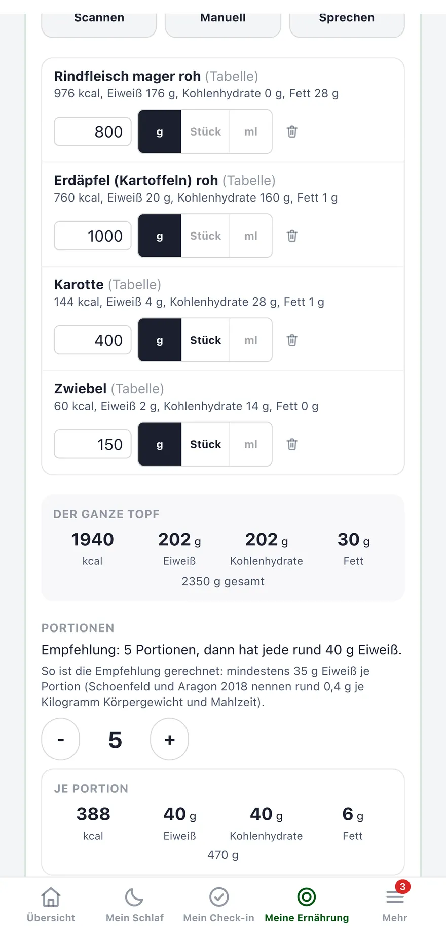 Meal Prep in der App: Rindfleisch, Erdäpfel, Karotten und Zwiebel für einen Topf, mit Mengen zum Eintragen