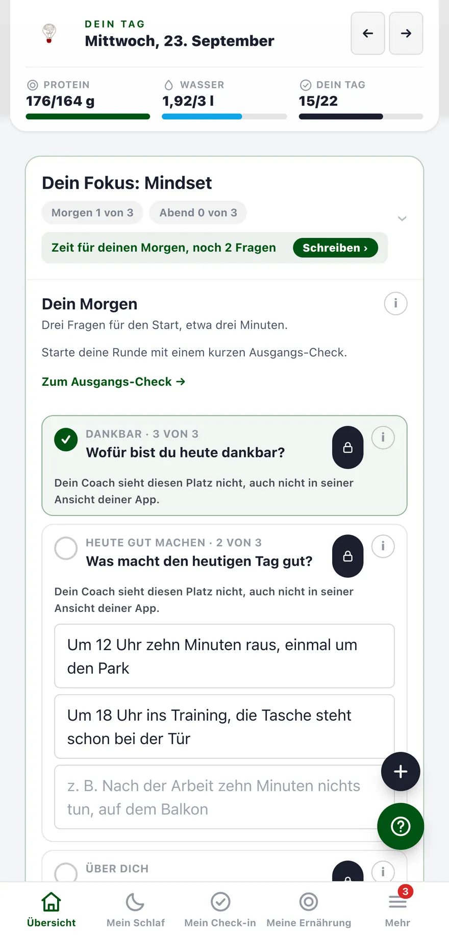 Dein Fokus Mindset in der App: die Fragen am Morgen, zwei davon schon ausgefüllt