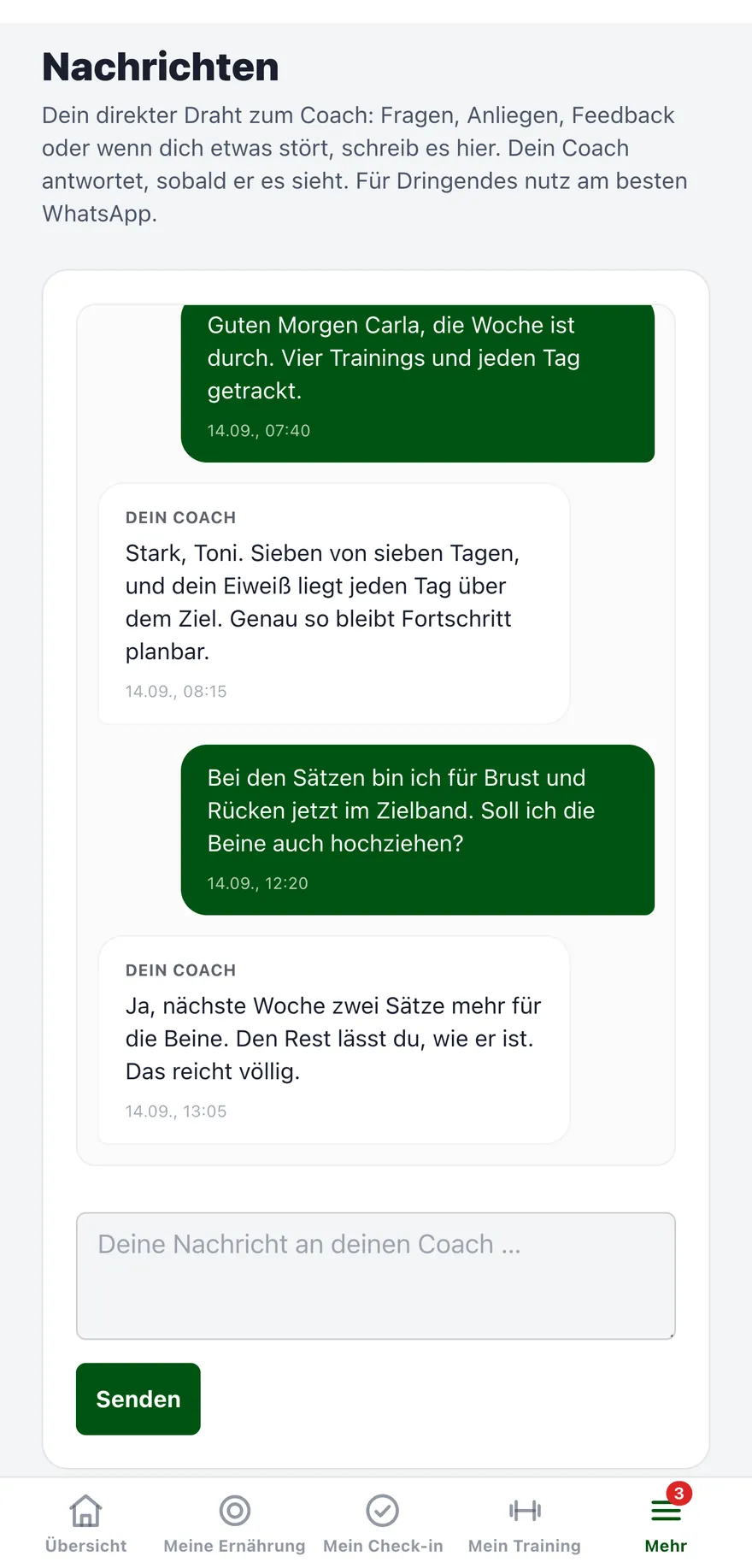 Nachrichtenverlauf mit dem Coach in der App
