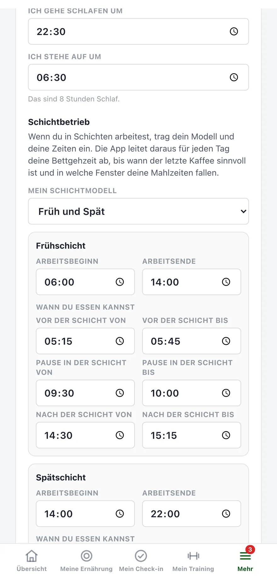 Einstellungen für Schichtbetrieb mit Modell, Zeiten je Schicht und Vorschau über sieben Tage