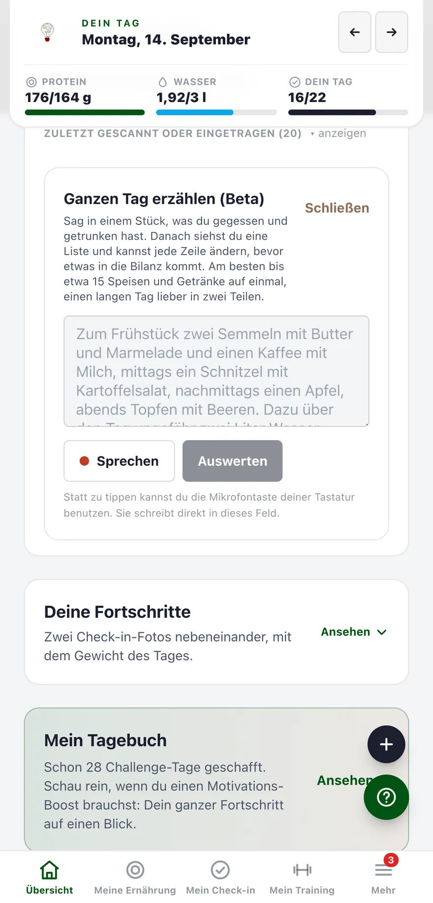 Den ganzen Tag per Sprache erzählen, die App trägt die Mahlzeiten ein