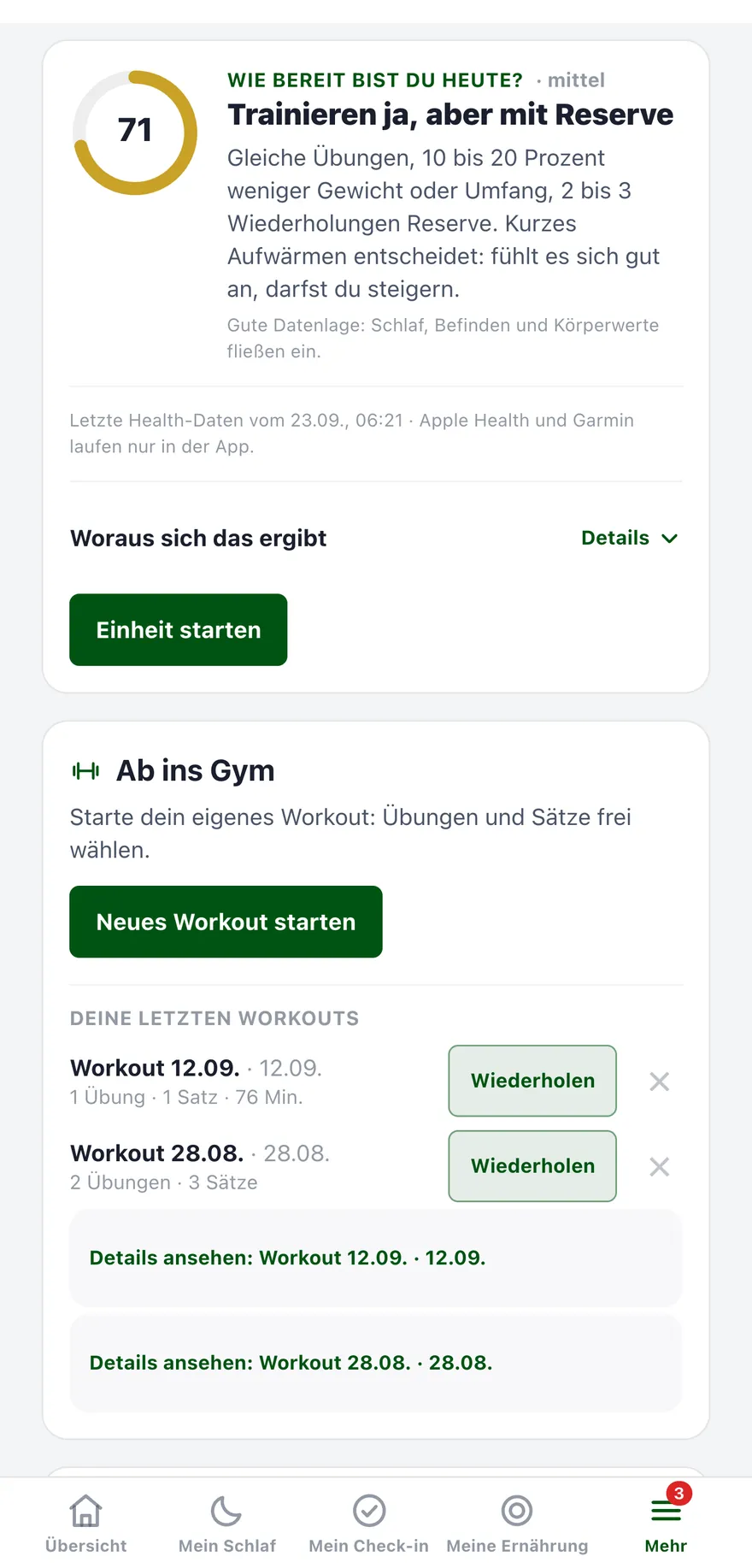 Trainingsbereitschaft am Morgen mit Zahl und Empfehlung für den Tag