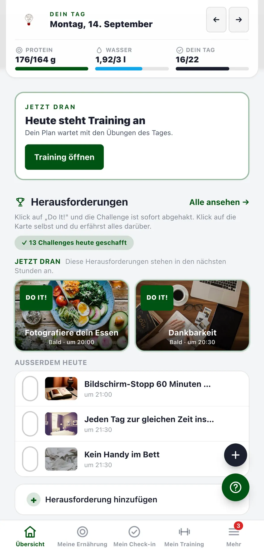 Übersicht der App mit den Challenges, die heute anstehen, und den schon geschafften